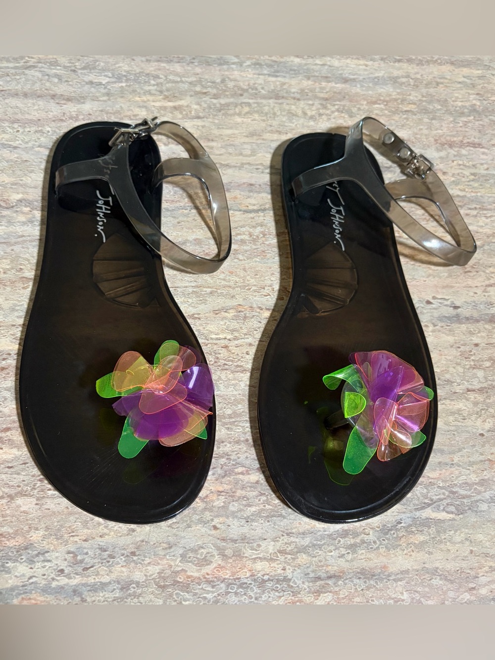 Betsey Johnson Black Jelly Strapped Sandals with iridescent floral accent